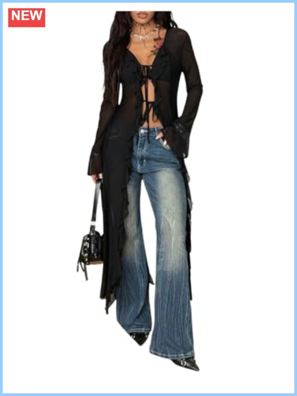 Sheer Mesh Long Duster Cardigan Tie Front Goth Top